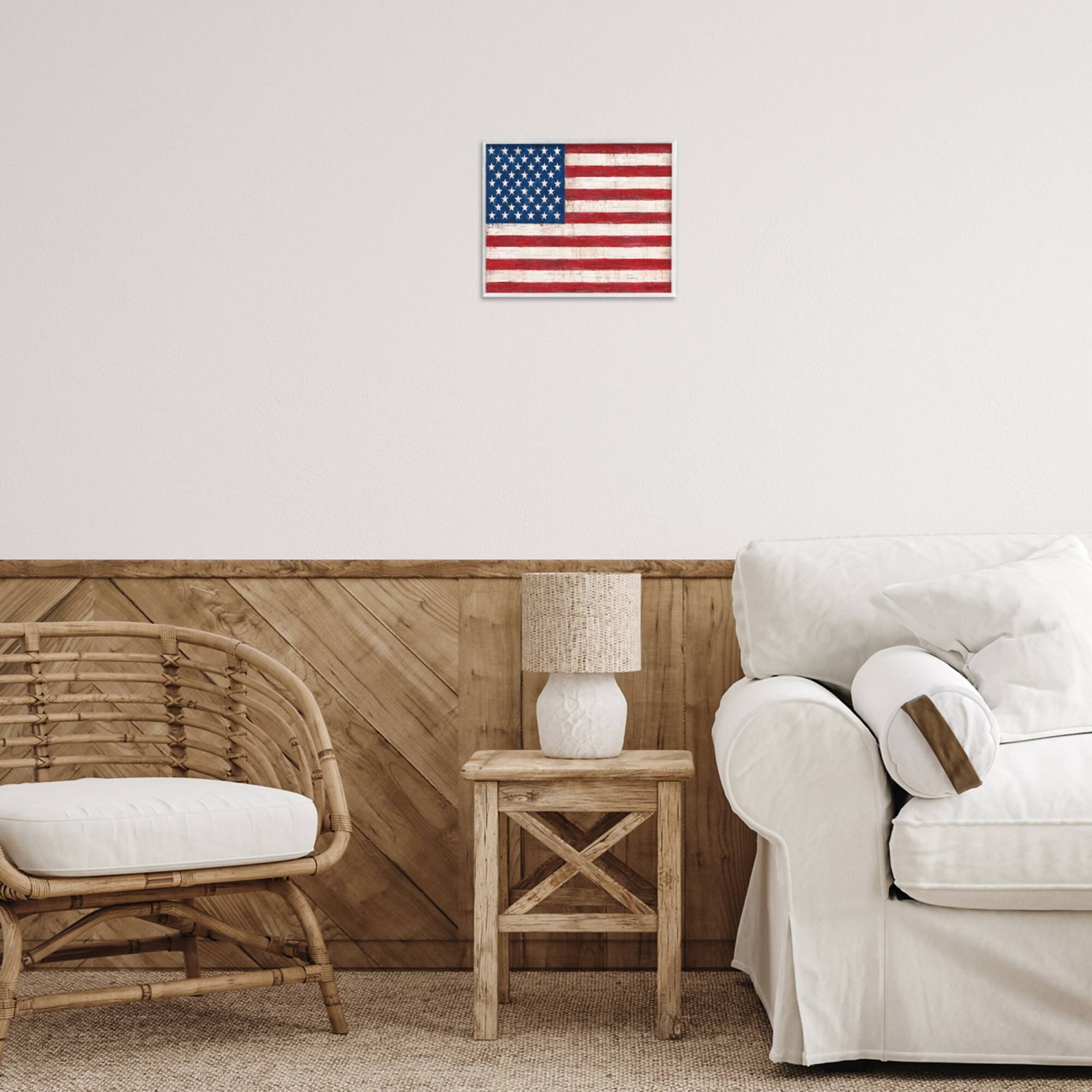 Stupell Industries Rustic American Flag Red White Blue Distressed Pattern Framed Giclee Art